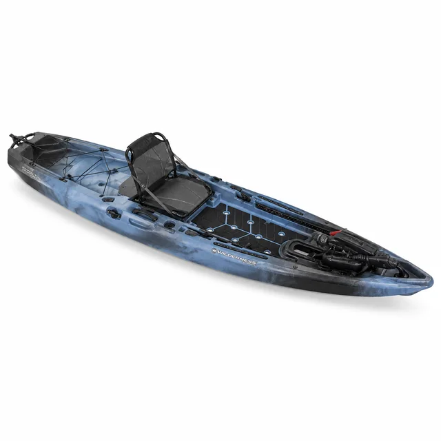 Wilderness Systems kayak in blue and black on a white background with a wide padded standing deck and factory tracks
