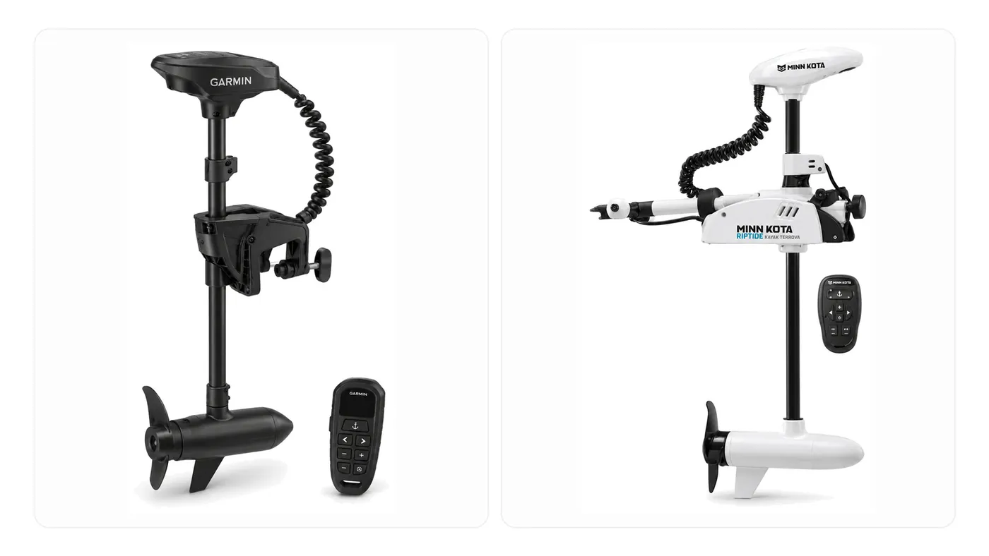 Garmin Force Current and Minn Kota Riptide Kayak Terrova kayak trolling motors compared side by side, manufacturer product photos