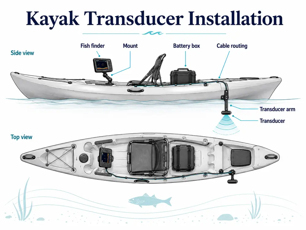 Side and overhead views of a kayak showing fish finder, mount, battery box, cable routing, transducer arm and transducer