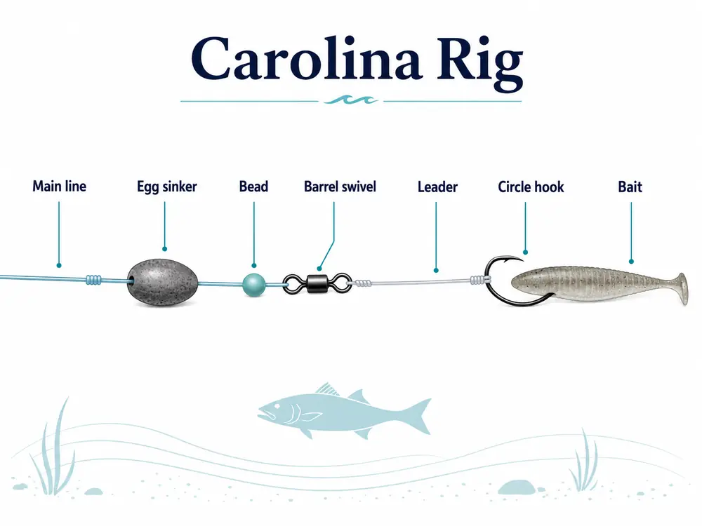 Carolina rig laid out left to right showing main line, egg sinker, bead, barrel swivel, leader, circle hook and a soft plastic bait