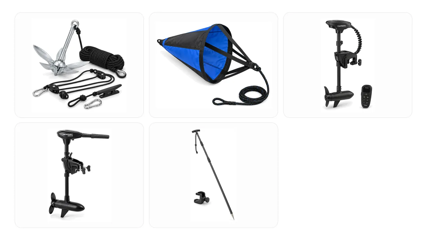 Garmin Force Current and Newport NK300 HD kayak trolling motors compared side by side, manufacturer product photos
