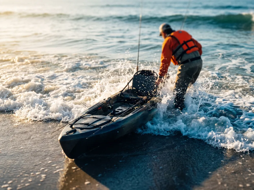 An angler in a life jacket pushing a rigged sit-on-top fishing kayak bow-first into breaking shorebreak, whitewater around the hull