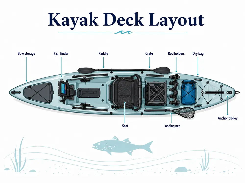 Overhead drawing of a rigged fishing kayak with bow storage, fish finder, paddle, seat, crate, rod holders, dry bag, landing net and anchor trolley labelled