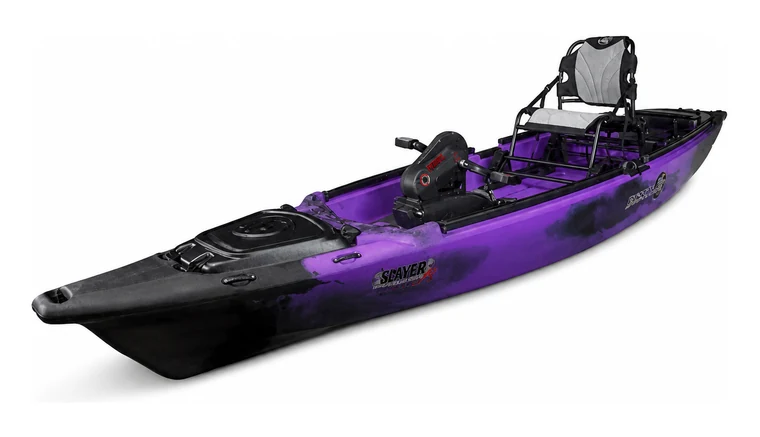 Native Slayer Propel Max in a purple and black finish, three-quarter view, showing the raised frame seat and the Propel pedal drive console