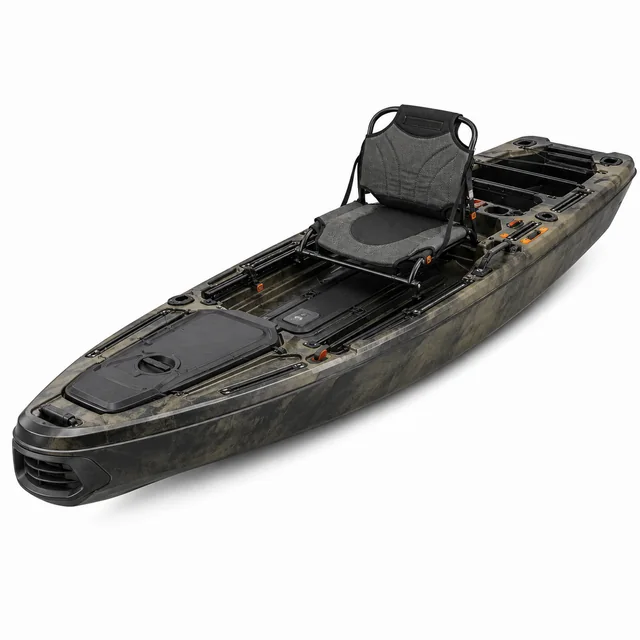 FluxJet kayak in camouflage on a white background, the enclosed jet-drive intake moulded into the bow in place of a propeller