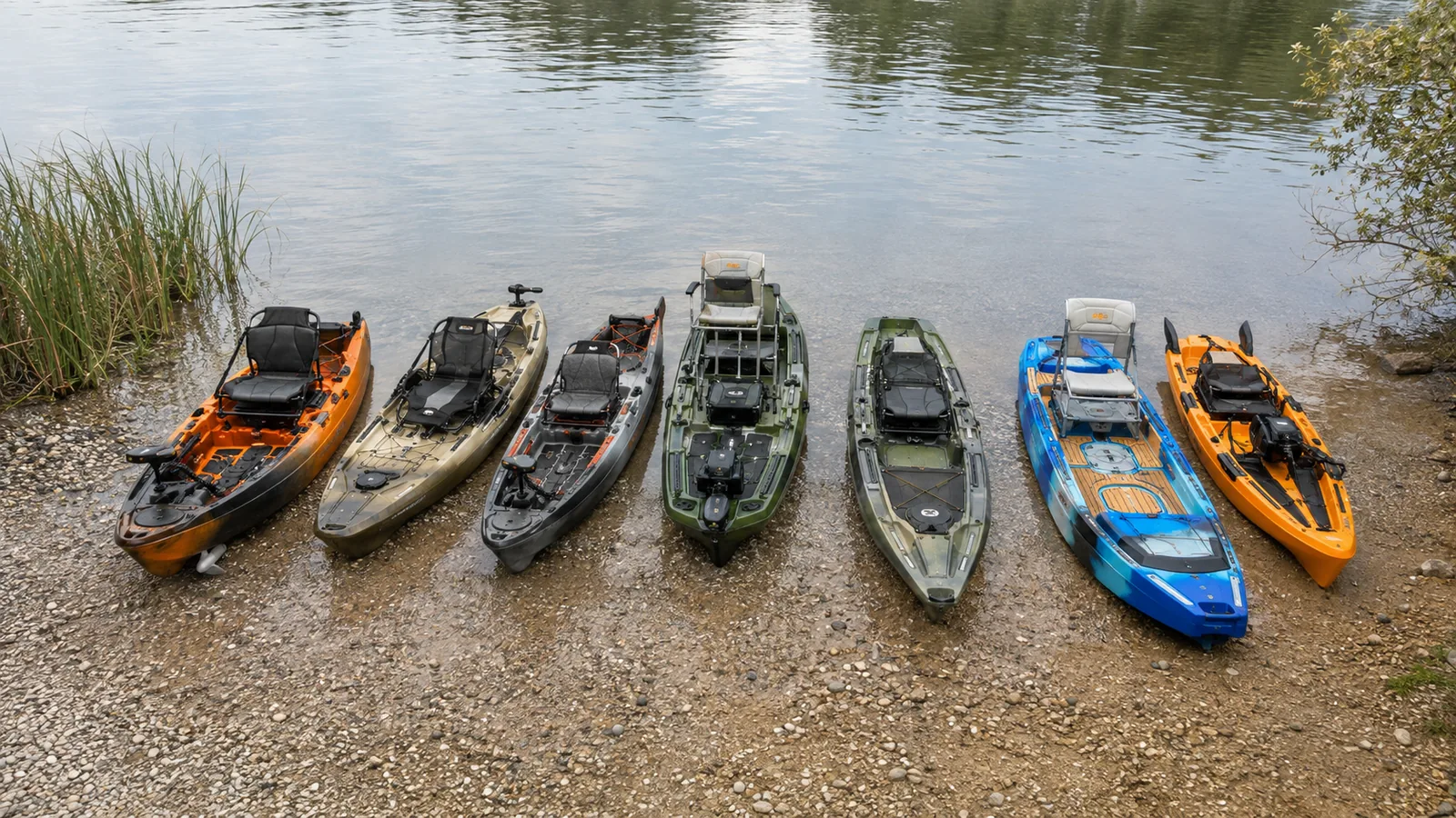 Seven motorized and motor-ready fishing kayaks lined up bow-first on a gravel shore beside calm water
