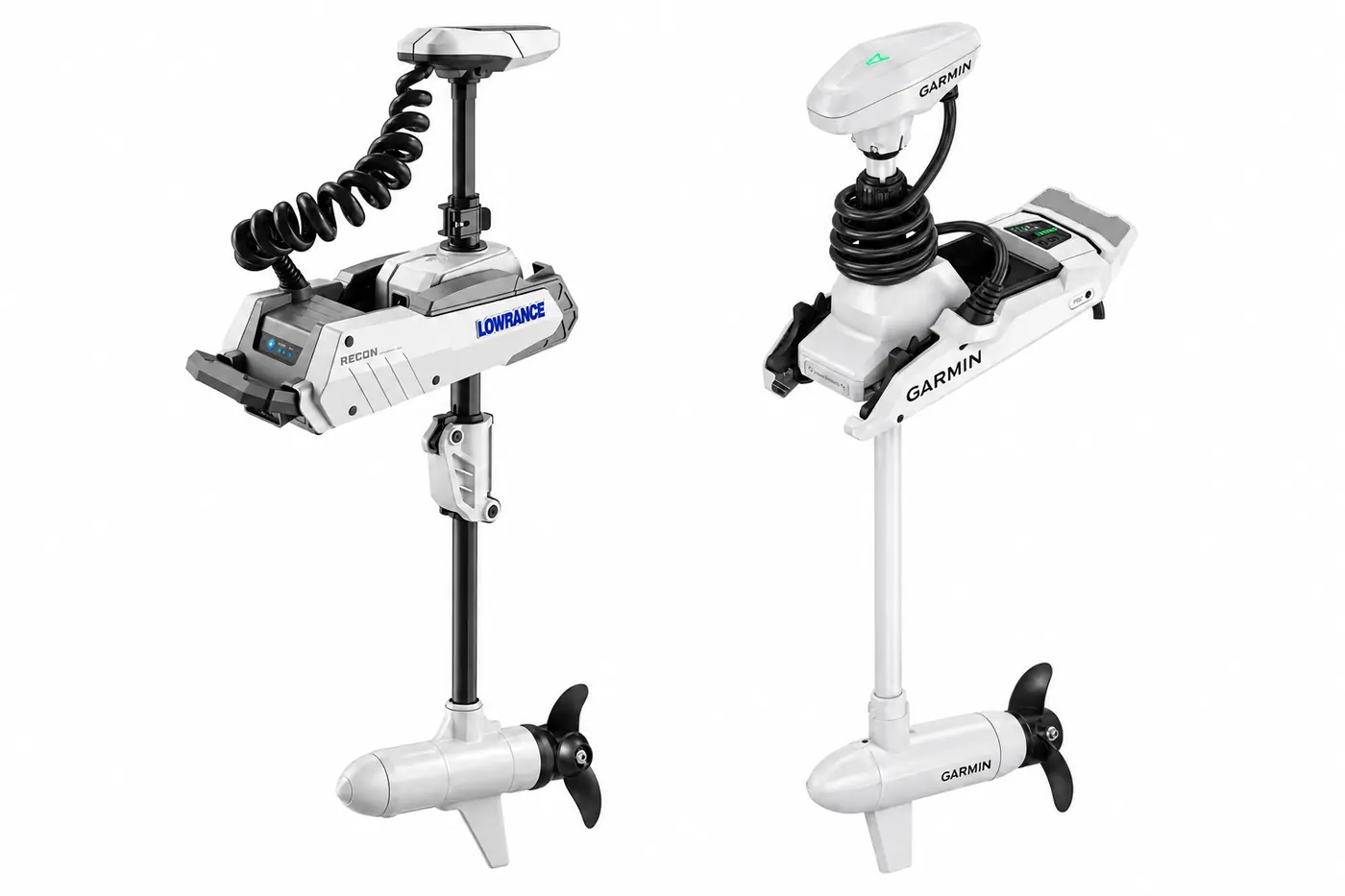 Lowrance Recon vs Garmin Force Kraken saltwater trolling motors, manufacturer product photos compared side by side