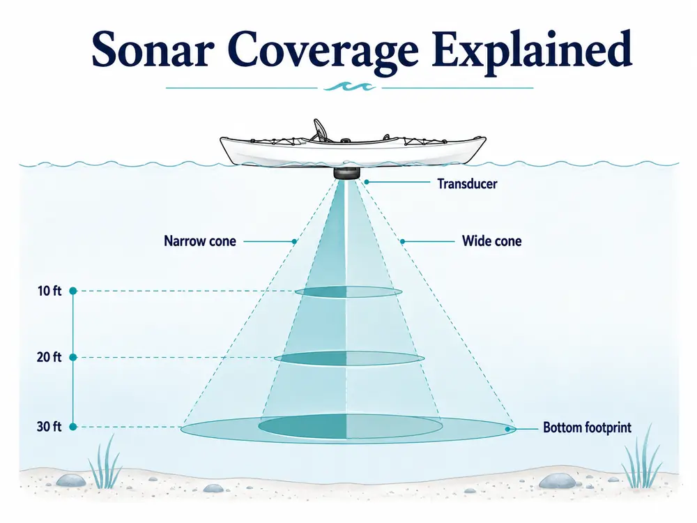 Cross-section of a kayak on the water showing narrow and wide sonar cones spreading to the bottom with coverage circles marked at ten, twenty and thirty feet