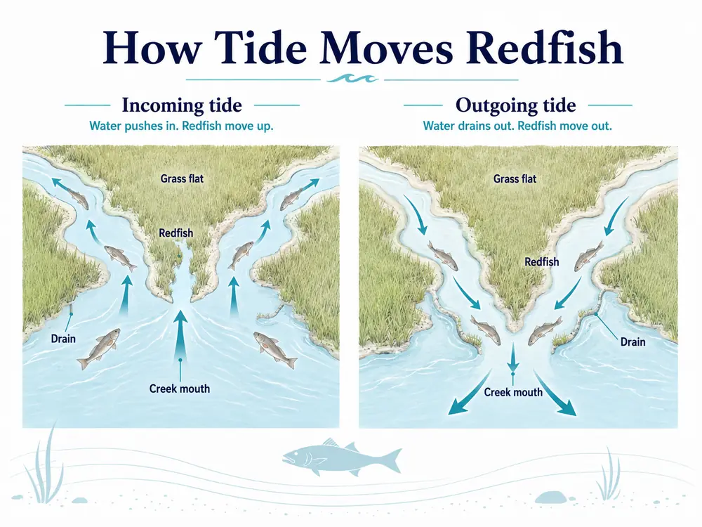 Two panels comparing an incoming and an outgoing tide on a marsh flat, with arrows showing water direction and redfish moving up onto the grass then back out through the creek mouth