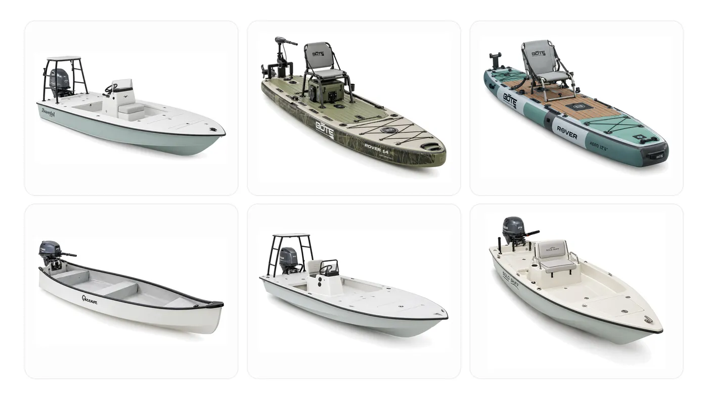 Micro skiffs for two anglers compared: Salt Marsh SM1444, Beavertail Micro, Gheenoe Classic and BOTE Rover 14, manufacturer product photos