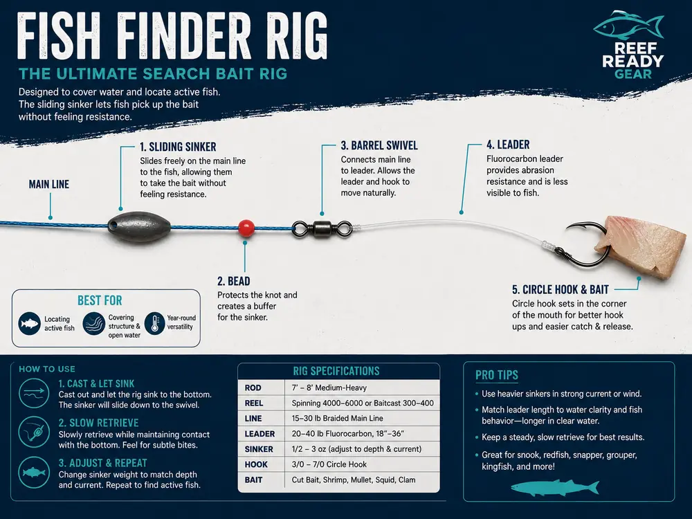 Fish finder rig drawn left to right: braided main line through a sliding egg sinker, a red bead, a barrel swivel, a fluorocarbon leader and a circle hook baited with cut bait, with a specifications table and how-to-use steps below