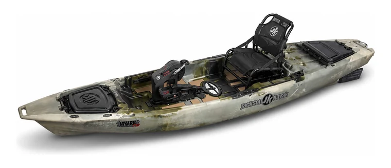Jackson Knarr FD in a desert camo finish, three-quarter view, showing the flat standing deck, elevated frame seat and the Flex Drive lower unit
