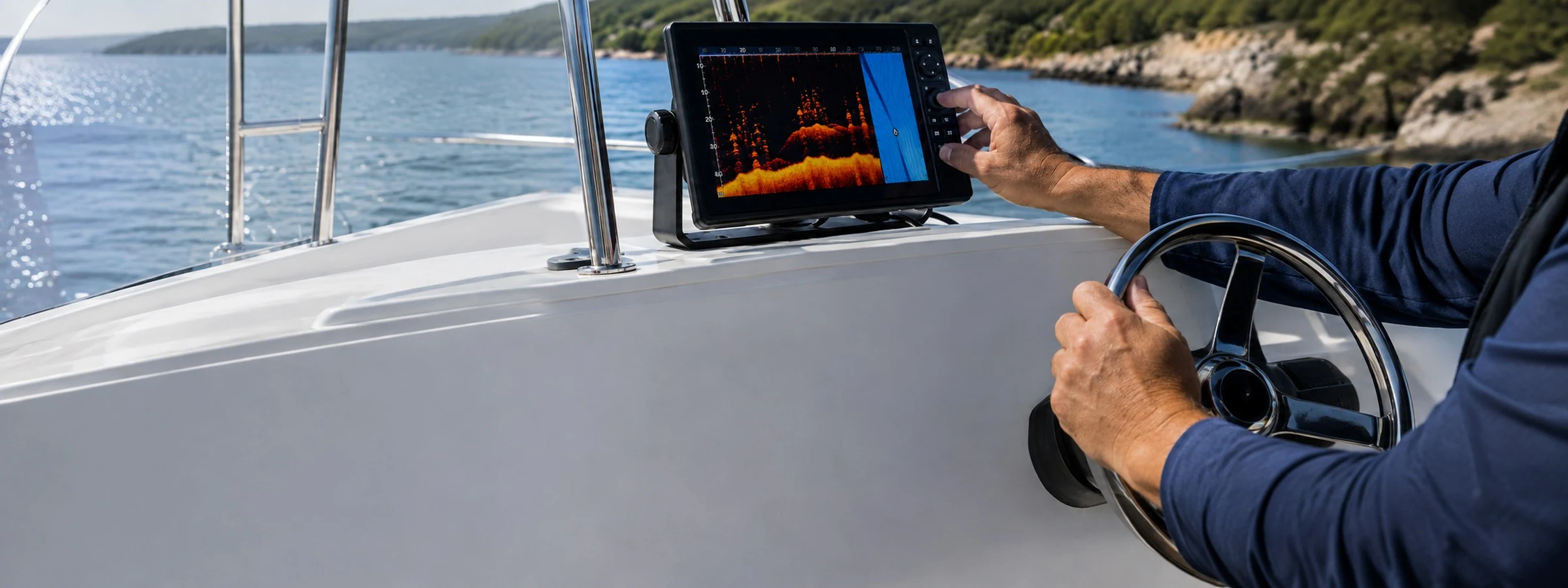 An angler operating a console-mounted fish finder showing a sonar return