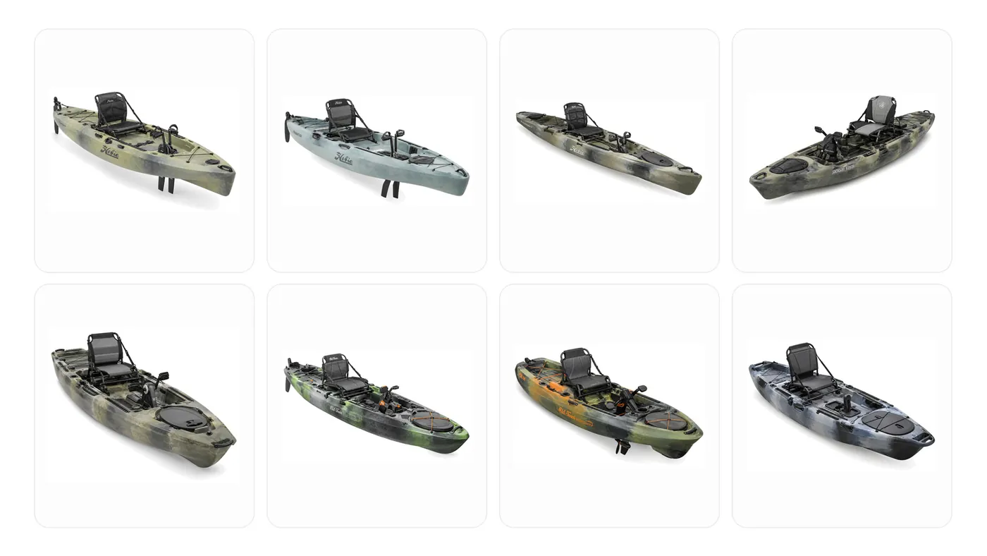 Lightweight saltwater pedal fishing kayaks compared: Hobie Mirage Passport, Compass, Revolution 13 and Vibe Shearwater 125, manufacturer product photos