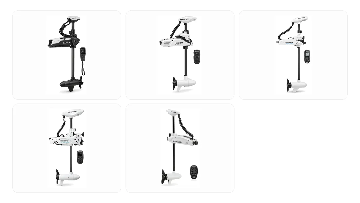 Saltwater trolling motors for a 20 foot bay boat compared, manufacturer product photos