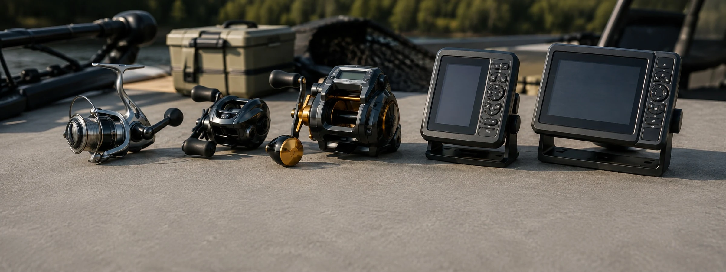 Saltwater spinning reels and fish finders lined up for comparison