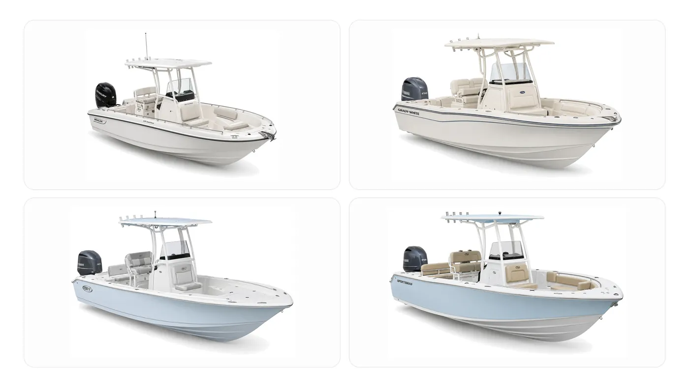 Small center console boats compared: Sea Hunt BX 22 BR, Sportsman Open 212, Boston Whaler 220 Dauntless and Grady-White Fisherman 216, manufacturer product photos