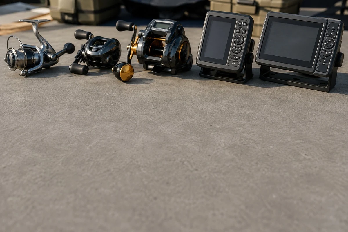 Saltwater spinning reels and fish finders lined up for comparison