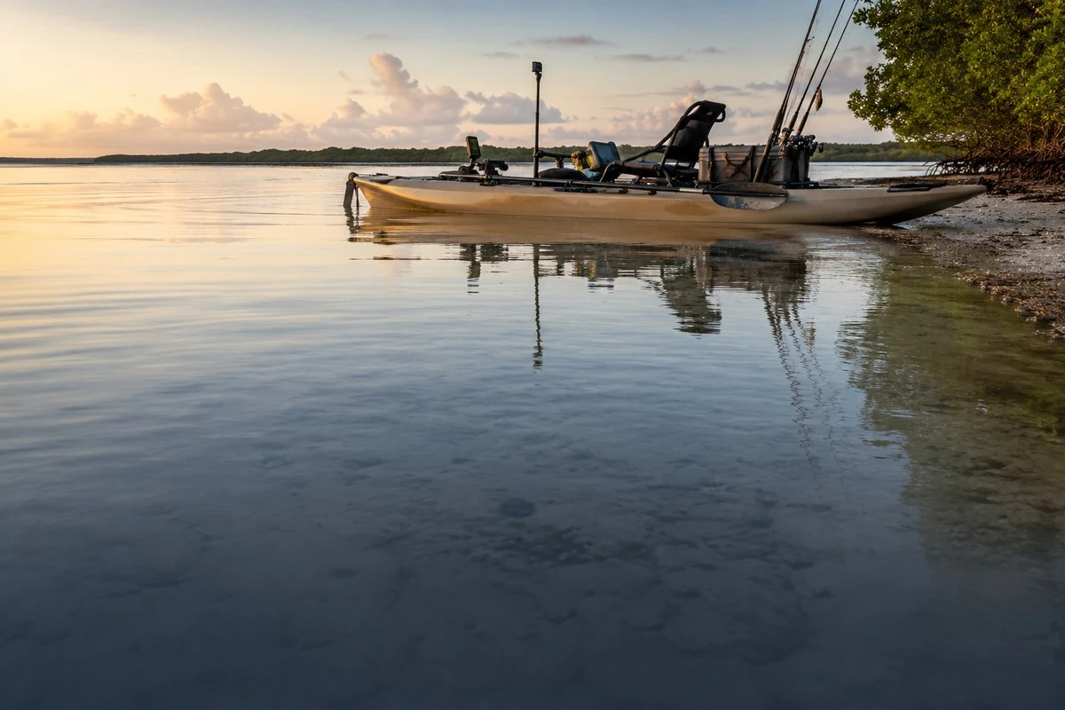 A rigged saltwater fishing kayak on the shoreline at first light