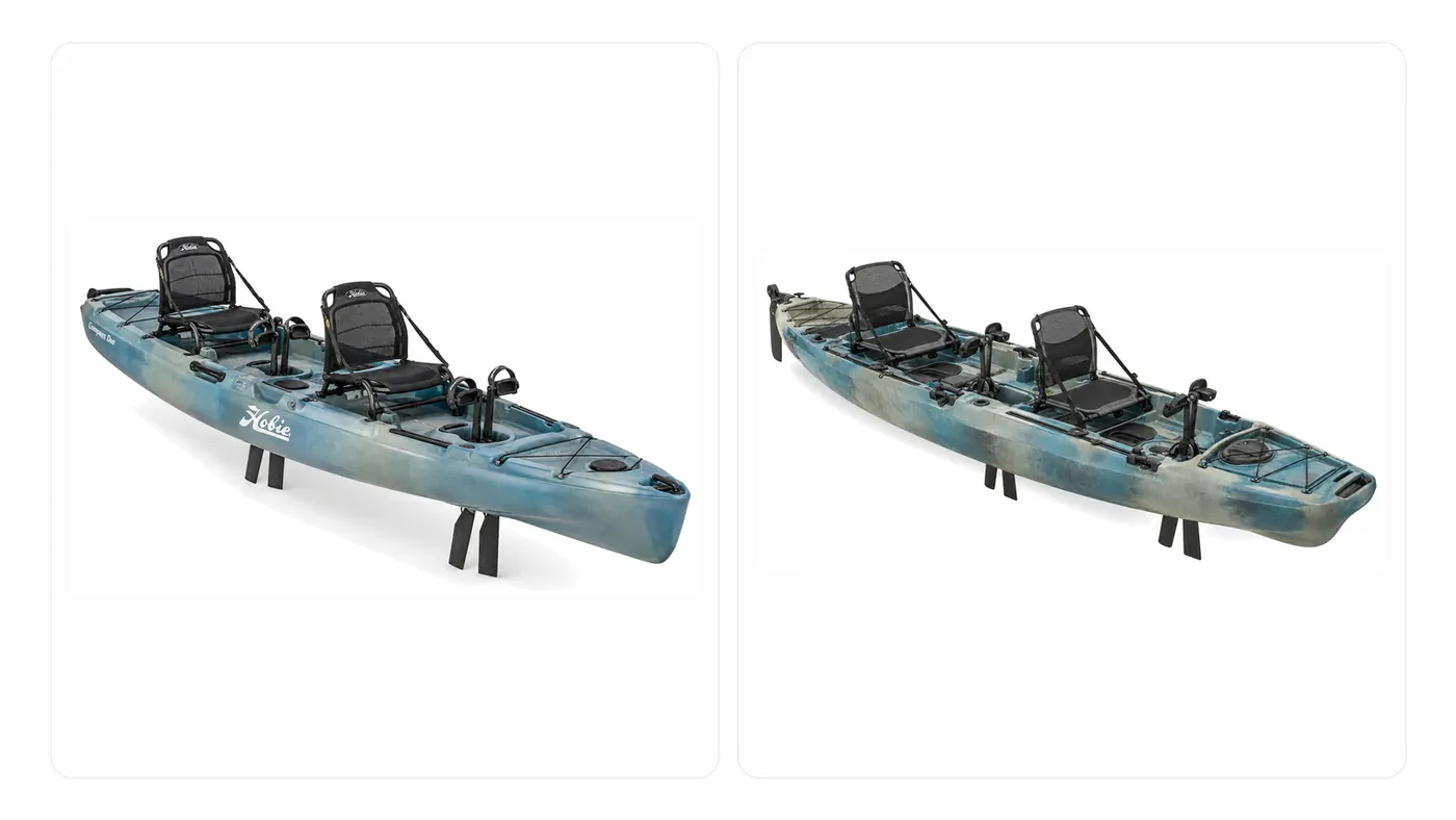 Hobie Mirage Oasis and Hobie Mirage Compass Duo tandem pedal fishing kayaks, manufacturer product photos side by side