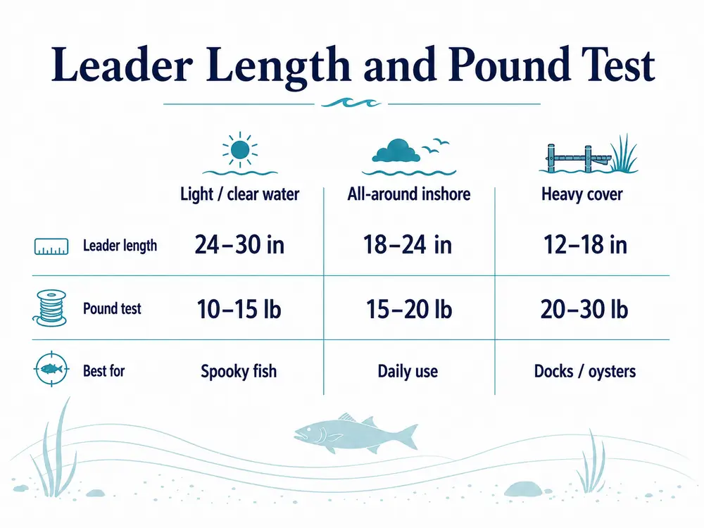 Chart comparing leader length and pound test across light clear water, all-around inshore and heavy cover conditions