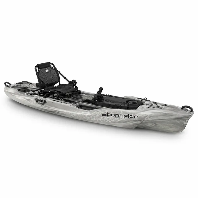 Bonafide kayak in grey camo on a white background showing an open deck, tracks and mounting points with no motor fitted