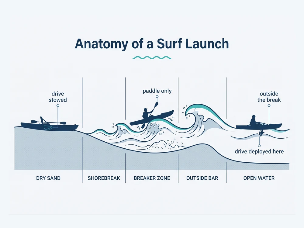 Cross-section of a beach launch showing five zones: dry sand, shorebreak, breaker zone, outside bar and open water, with the pedal drive stowed on the sand, paddle only through the break, and the drive deployed once outside it