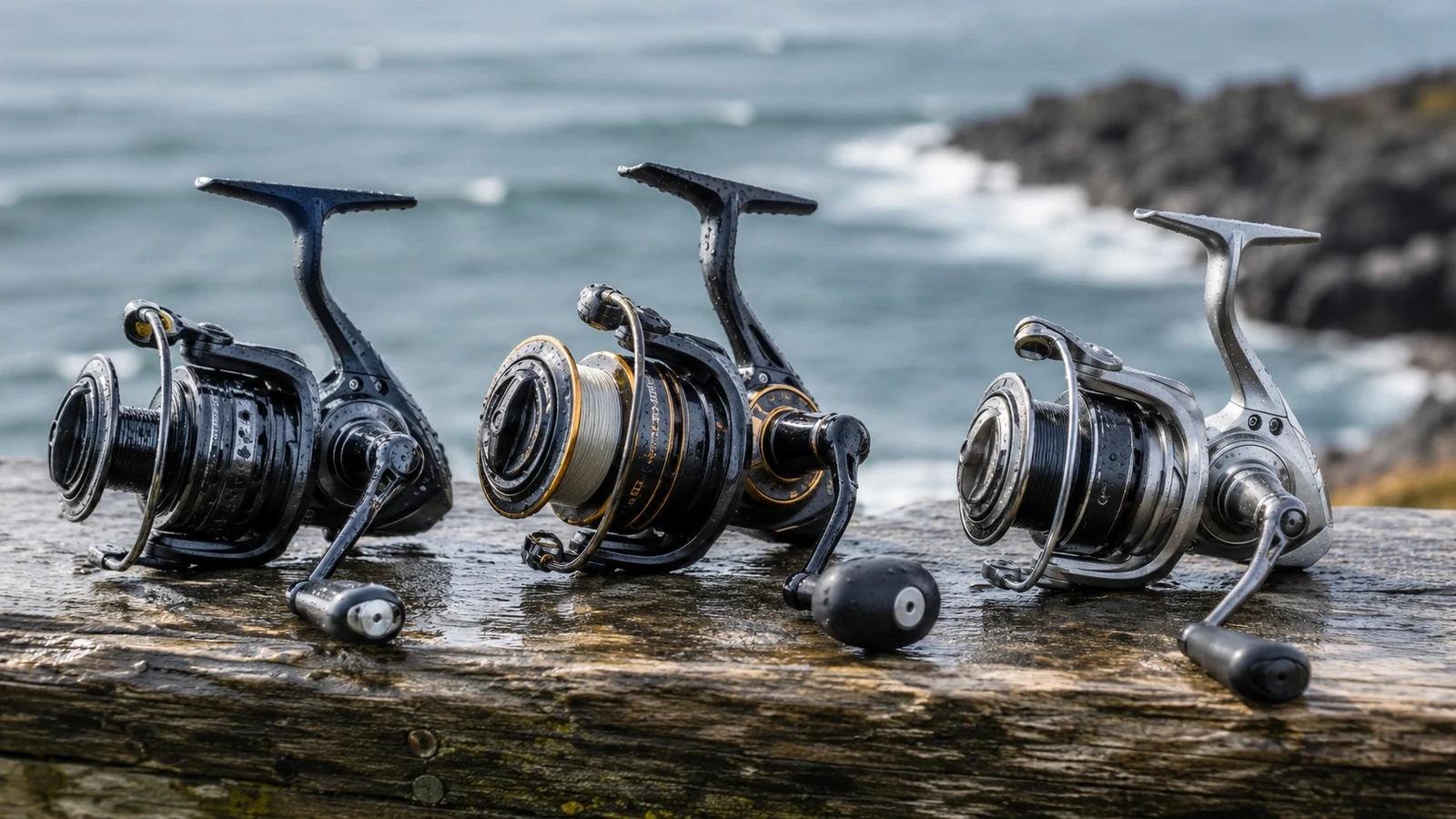 Three saltwater spinning reels lined up on weathered timber above the water