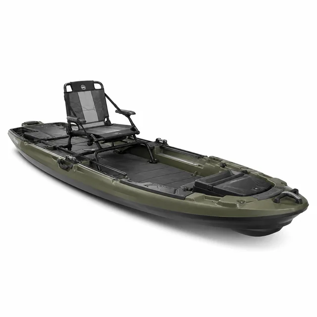 Kaku kayak in olive green on a white background with a raised framed seat and a flat open deck