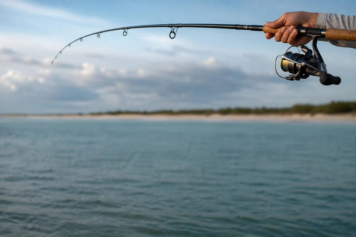 A saltwater spinning rod loaded and bent against open water
