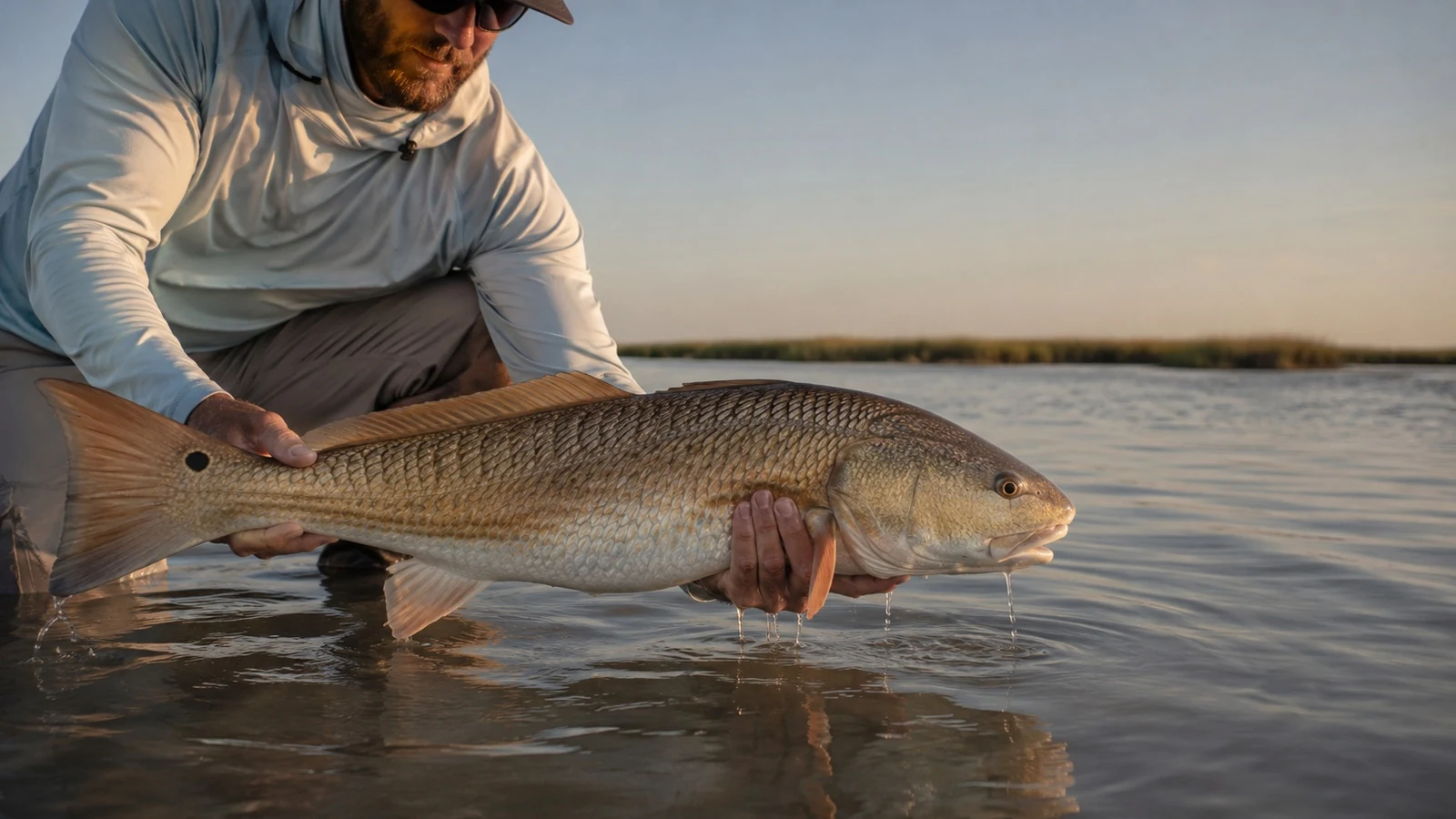 An angler releasing a redfish in shallow water