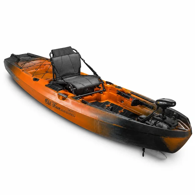 Old Town Sportsman kayak in orange and black on a white background, seat, gear tracks and a transom-mounted Minn Kota motor visible