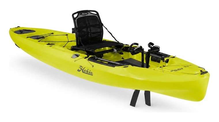 Hobie Mirage Outback in seagrass green, three-quarter view, showing the framed Vantage seat, bow bungee storage and the MirageDrive fins below the hull