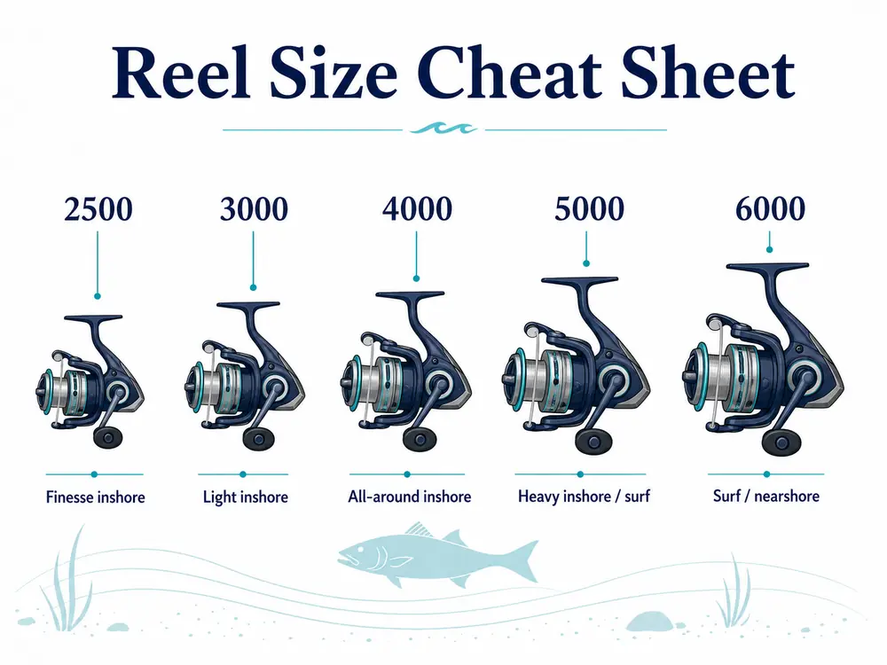 Five spinning reels drawn side by side at 2500, 3000, 4000, 5000 and 6000 sizes with the fishing each suits labelled underneath