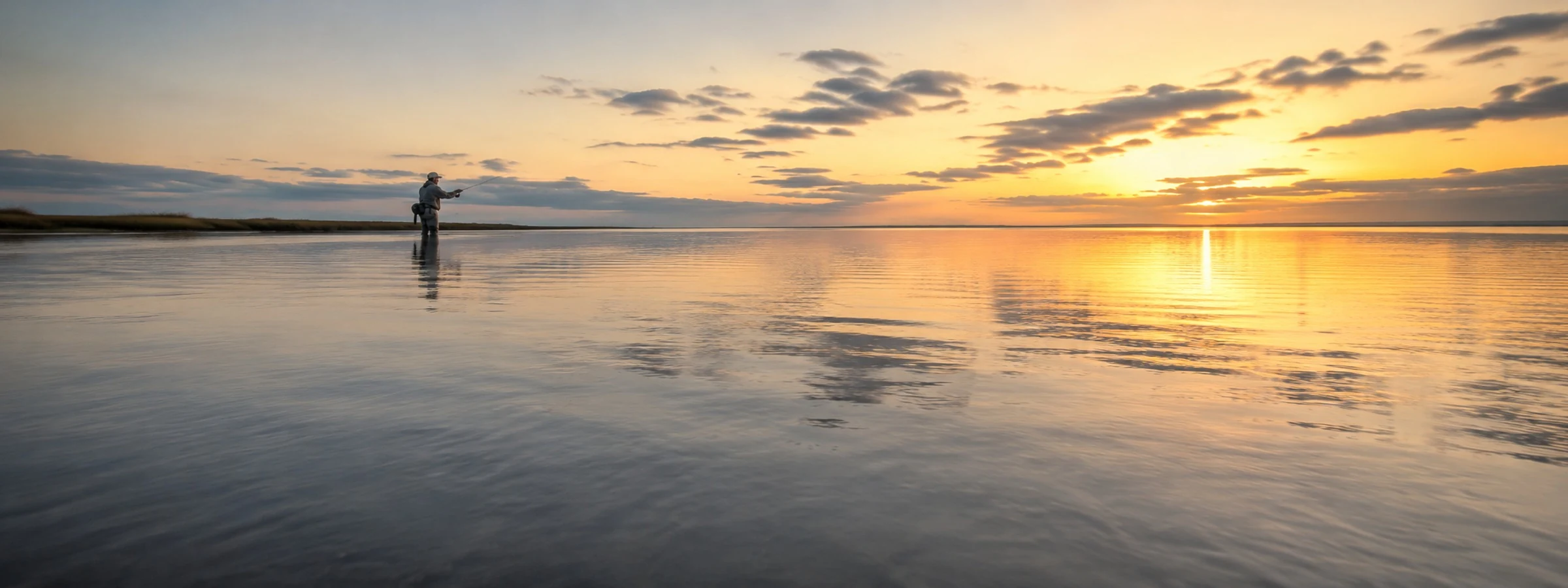 An angler wading a shallow flat at sunrise