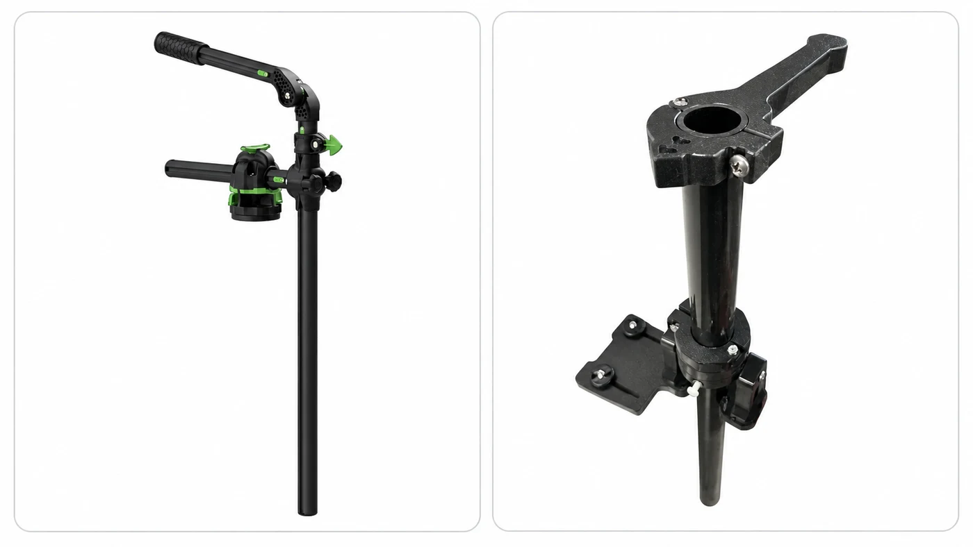 Illustrative comparison collage of RAILBLAZA HEXX Live Pole 30 and YakGadget QuickScope