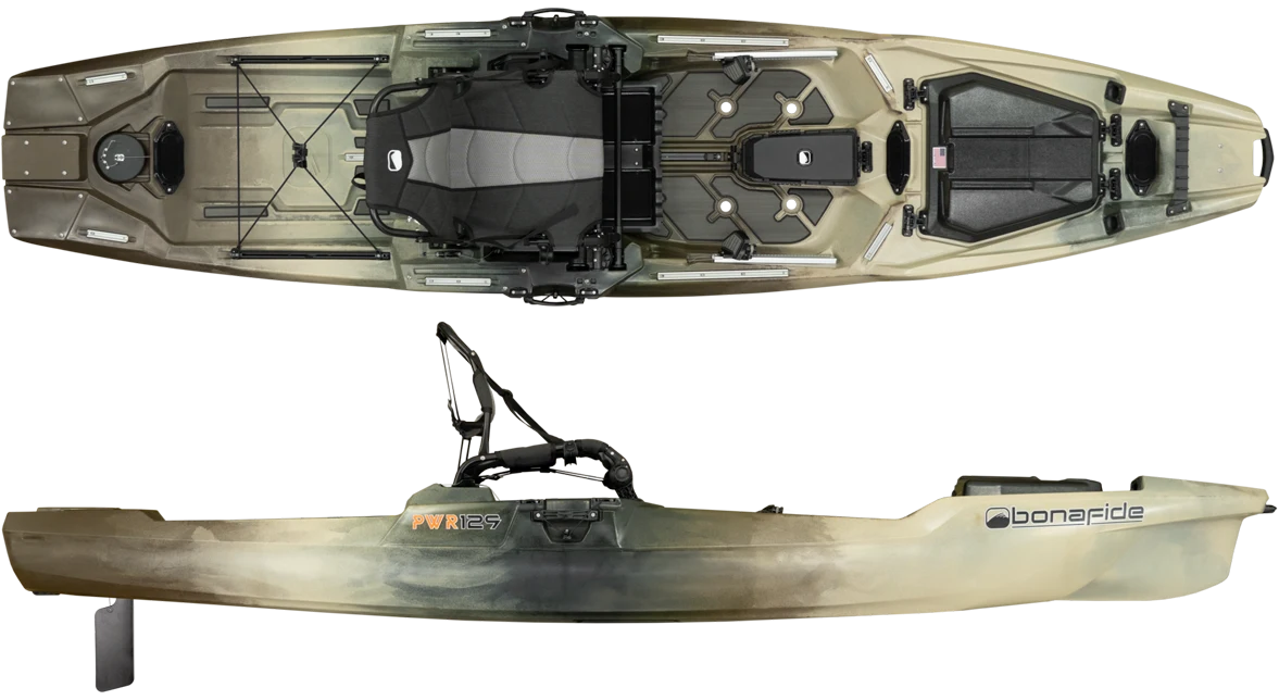 Bonafide PWR129 fishing kayak in top and side views