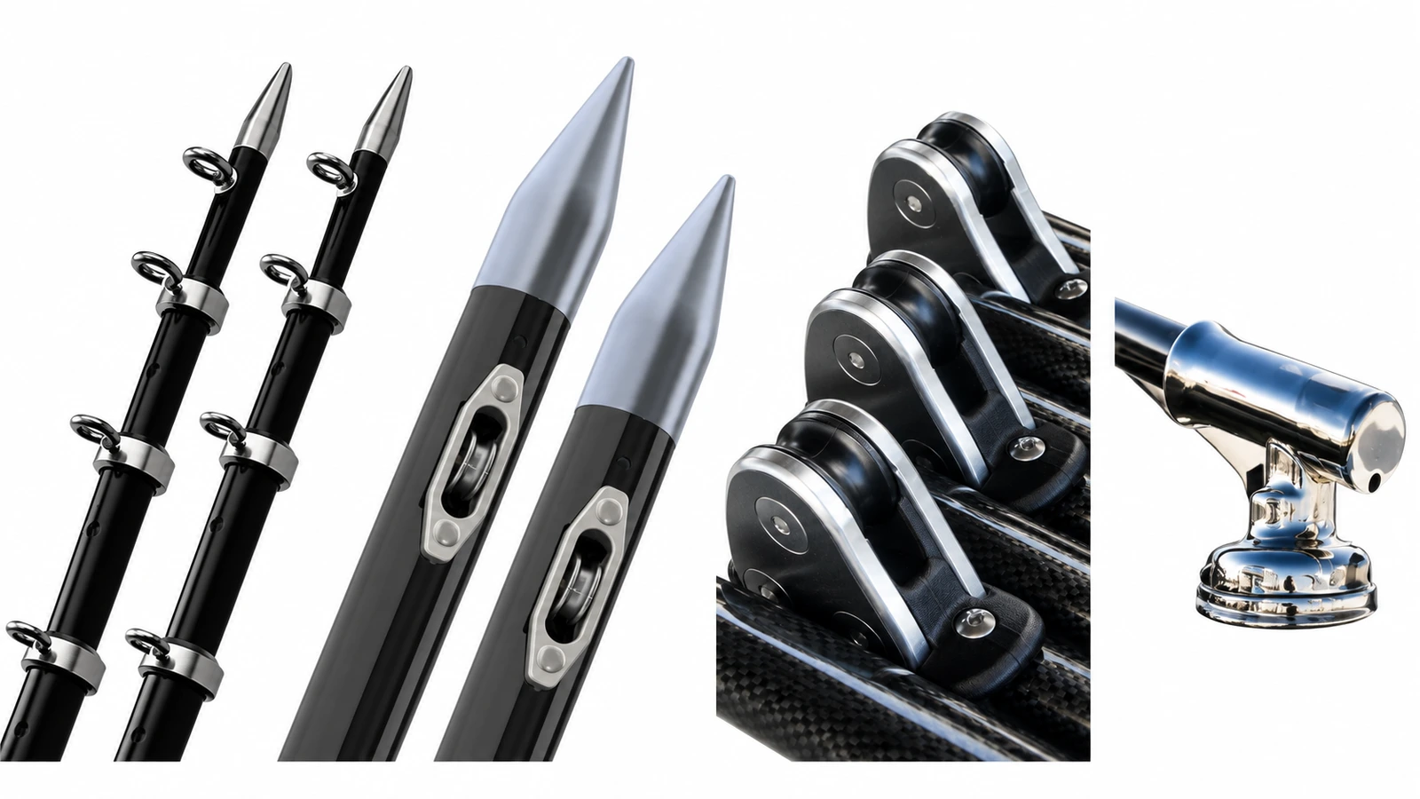 TACO aluminum and carbon outrigger details with Gemlux Bluewater line guides and Coastal mounting hardware