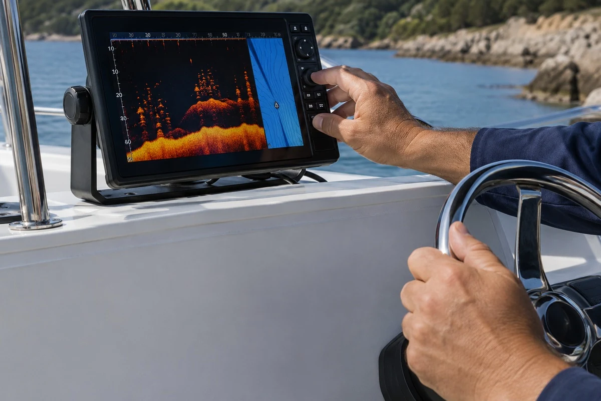 An angler operating a console-mounted fish finder showing a sonar return