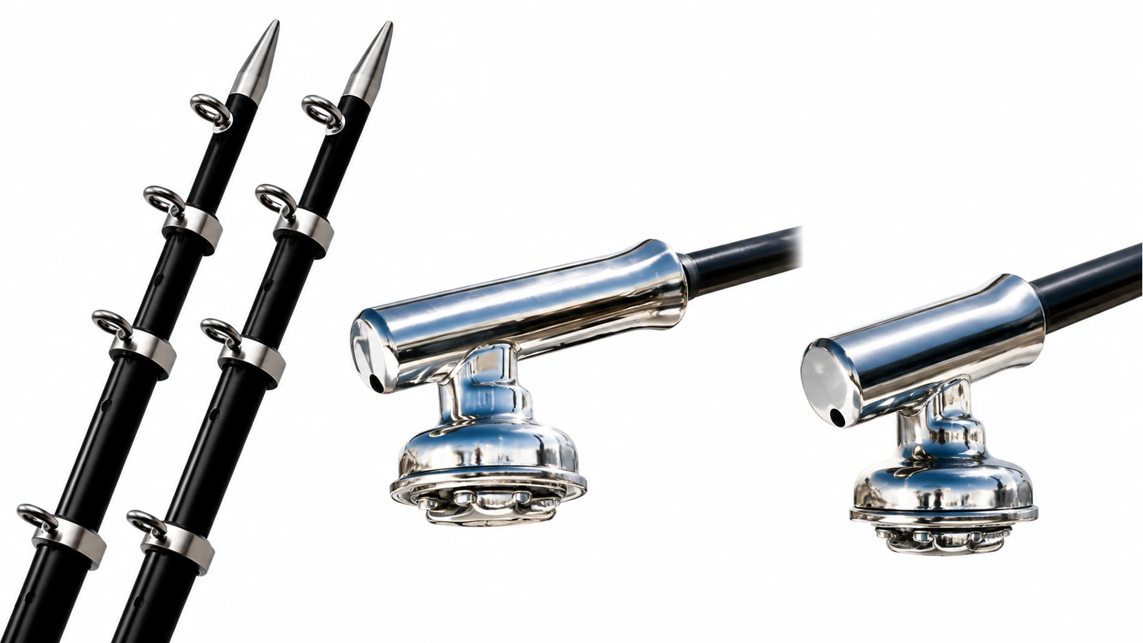 TACO telescoping outrigger poles with Gemlux Coastal mounting details on white