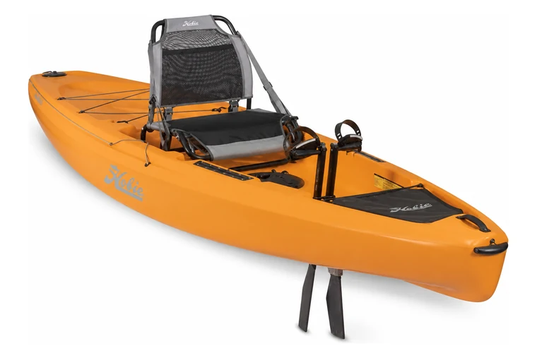 Hobie Mirage Passport 12.0 R in orange papaya, three-quarter view, showing the sling seat, mesh stern pocket and the MirageDrive fins below the hull
