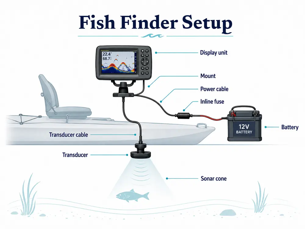 Diagram of a fish finder installation showing display unit, mount, power cable, inline fuse, twelve volt battery, transducer cable, transducer and sonar cone