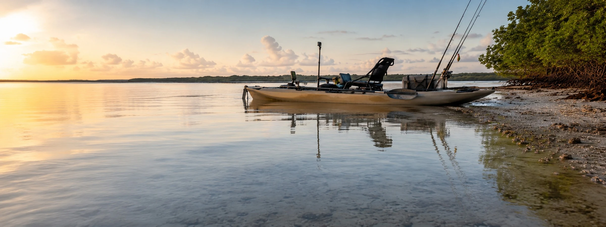 A rigged saltwater fishing kayak on the shoreline at first light