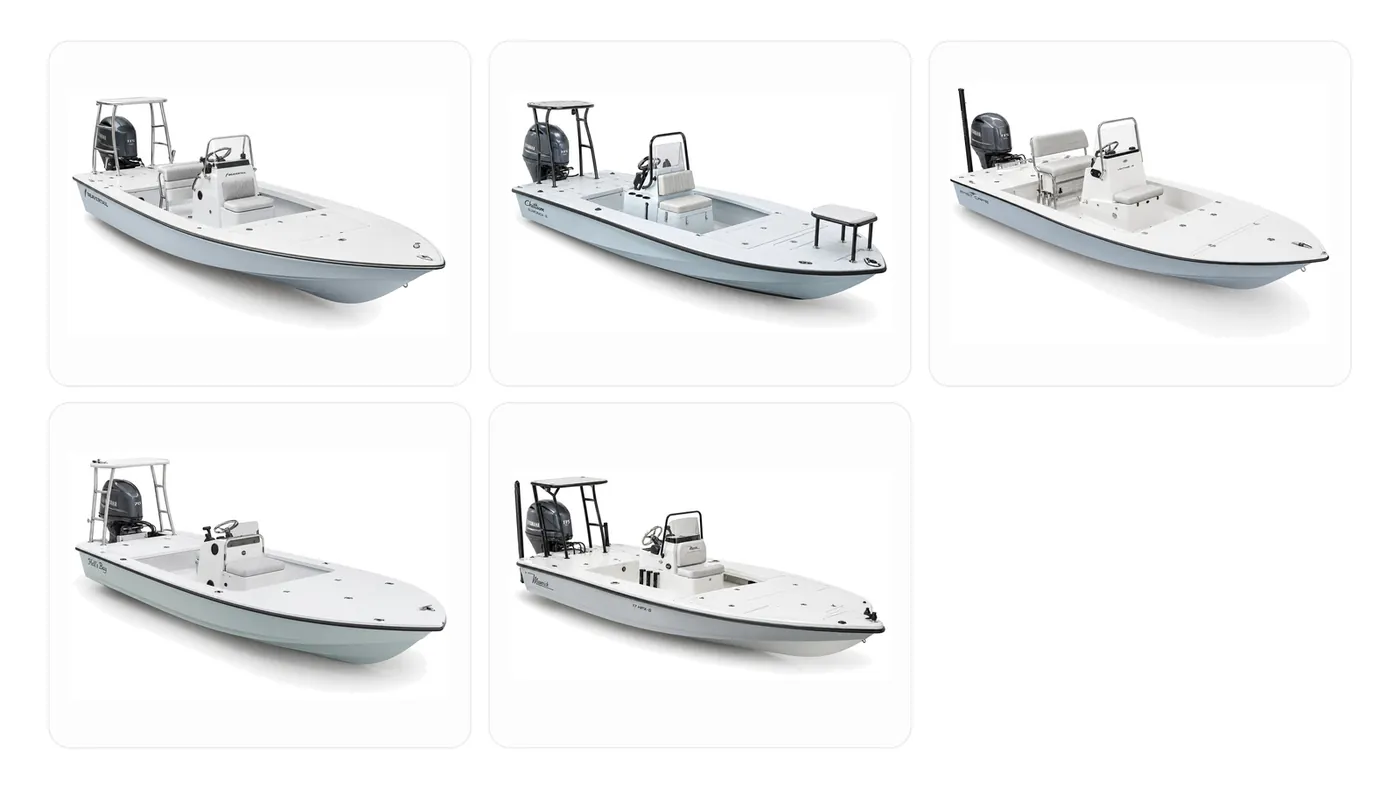 Shallow-water skiffs compared: Hell's Bay Whipray, Maverick 17 HPX-S, Chittum Islamorada 18, Beavertail Strike 17 and East Cape Vantage 19, manufacturer product photos