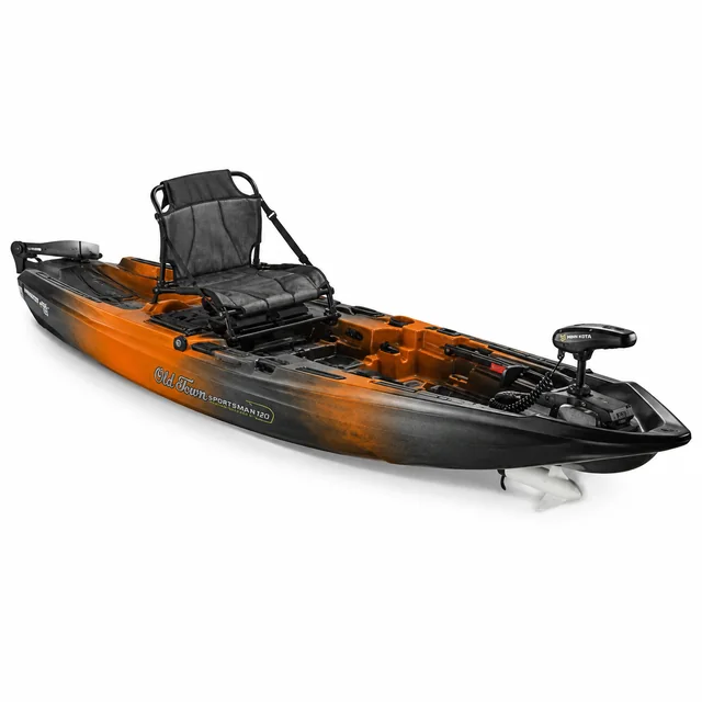 Old Town Sportsman 120 in orange and black on a white background with a Minn Kota motor and a rigged deck