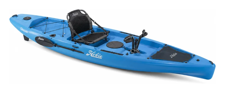 Hobie Mirage Compass in blue, three-quarter view, showing the open bow well, Compass hull decal and the pedal drive fitted in the well