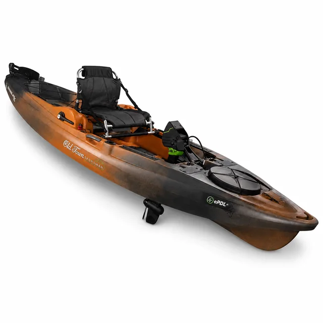 Old Town Sportsman BigWater ePDL+ in orange and black on a white background with the ePDL+ badge and the pedal drive unit below the hull