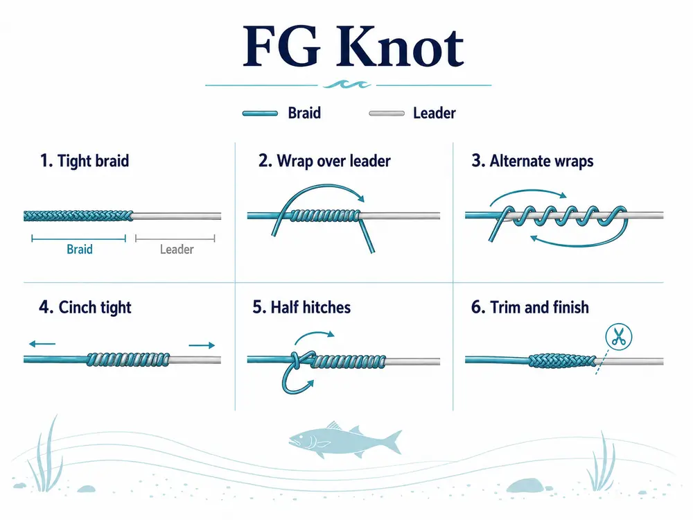 Six-step drawing of the FG knot showing braid alternately wrapped over a leader, cinched, half hitched and trimmed