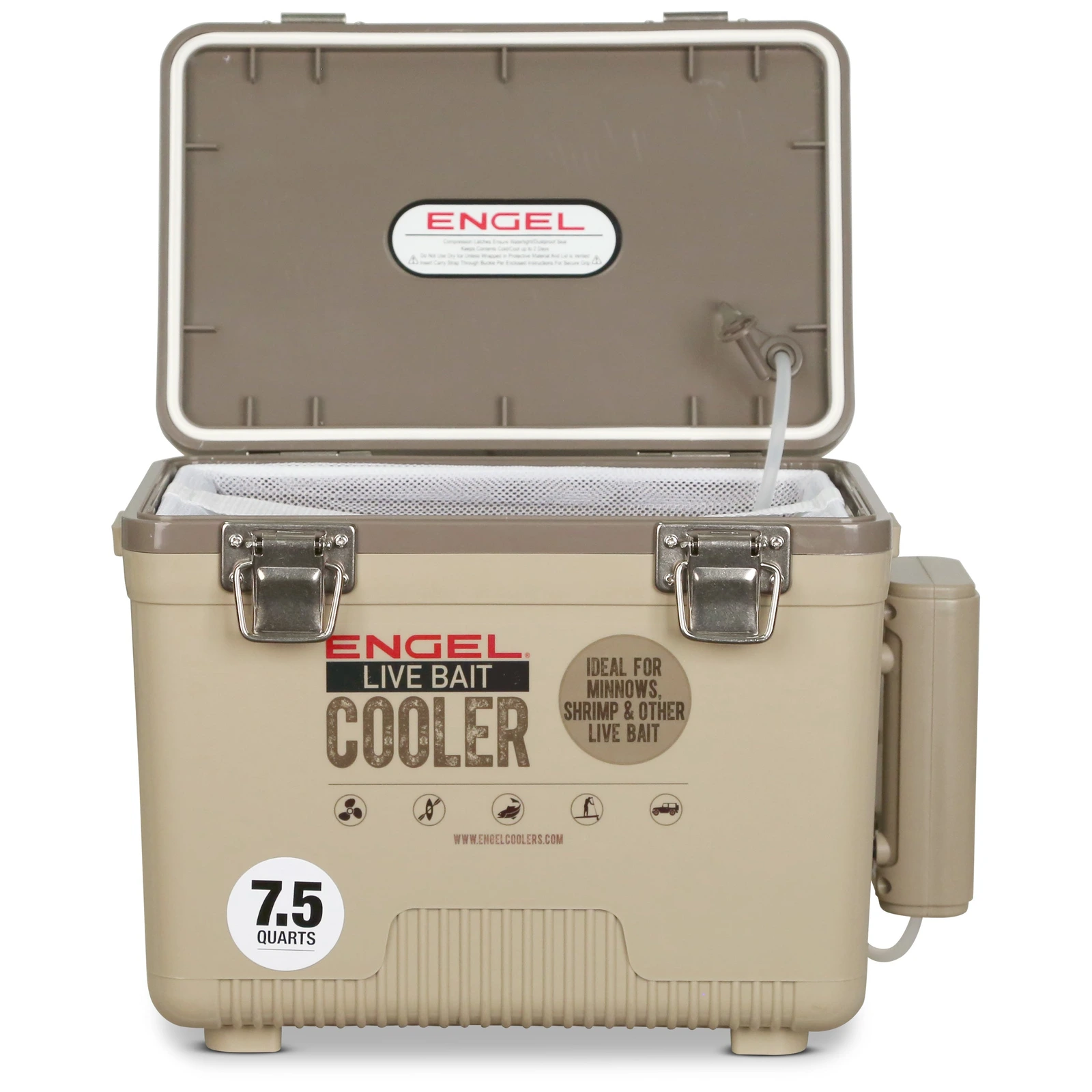 Engel 7.5-quart Live Bait Pro cooler with open lid, bait net and air pump