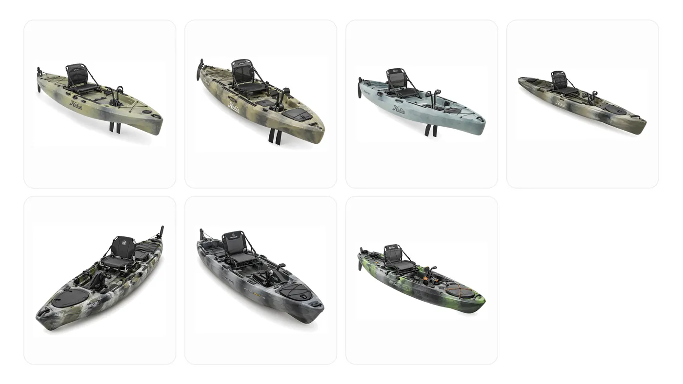 Pedal fishing kayaks for surf launches compared, manufacturer product photos